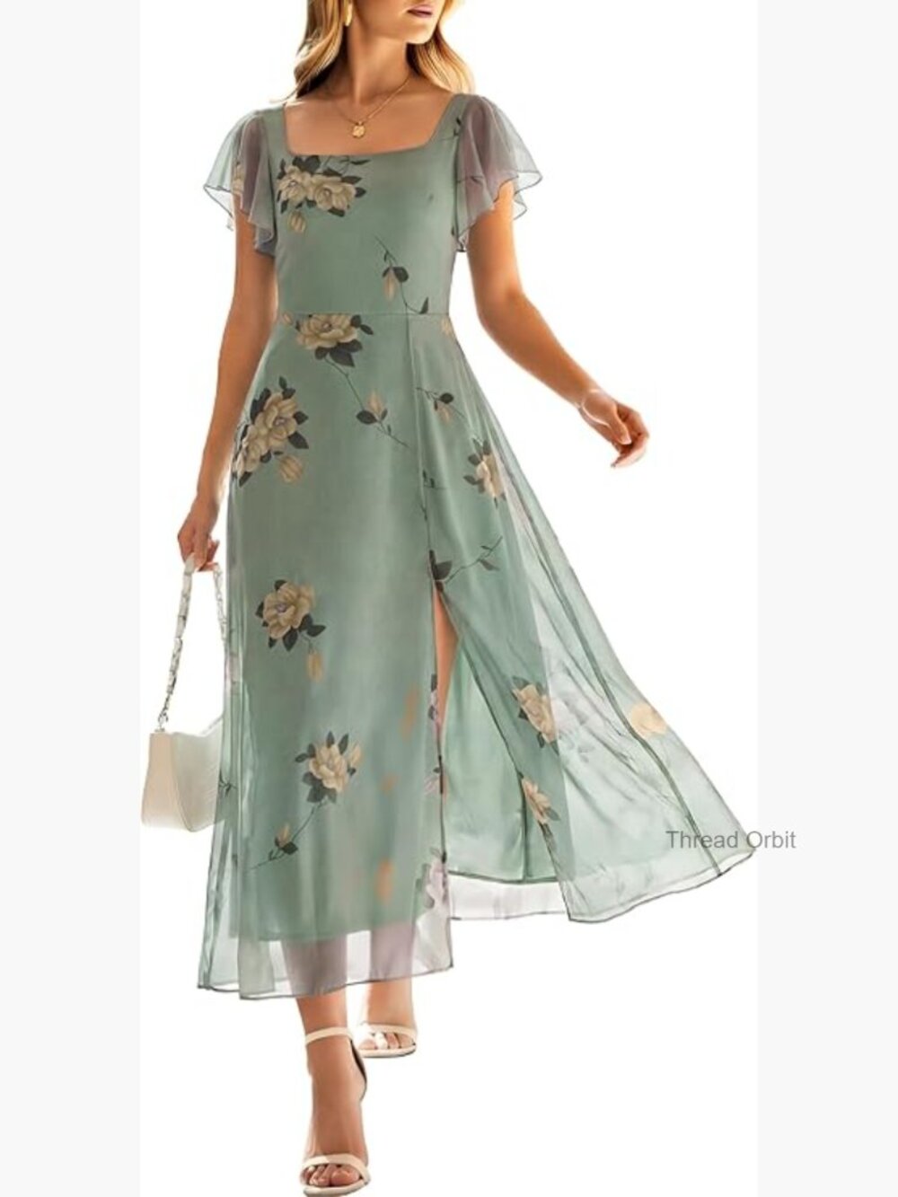 Floral Tulle Midi Dress with Ruffle Sleeves Square Neck High Slit Formal